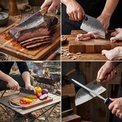 9 PCS Butcher Viking Camping Knife Set, 7" Serbian Chef Knife, 7" Butcher Meat Cleaver, 6.5" Viking Knife, 3 Knife Sheath, Honing Steel, Poultry Shears and Knife Roll Bag (Stylish Horse Pattern)4