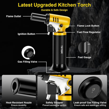 Butane Torch with Fuel Gauge T907, One-Hand Operation Kitchen Torch Lighter with Adjustable Flame for BBQ, Baking, Brulee Creme, Crafts and Soldering(Butane Gas Not Included) | Safety Stopper，2500°F Adjustable Continuous Flame Mode，One-Hand Operation, Easy to Light，Extended Nozzle(Butane Not Included)2