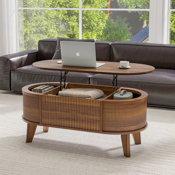 43.3'' Fluted Lift Top Coffee Table with Storage,Modern Oval Coffee Table for Living Room or Home Office（Walnut）7
