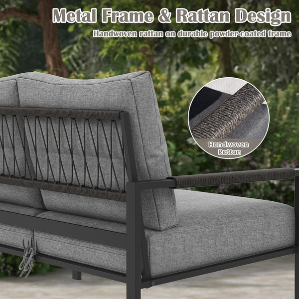 5 Pieces Rattan Outdoor Furniture Set, All-Weather Patio Conversation Set with Dark Grey Cushions and Coffee Tables for Garden, Backyard, Balcony, Poolside4