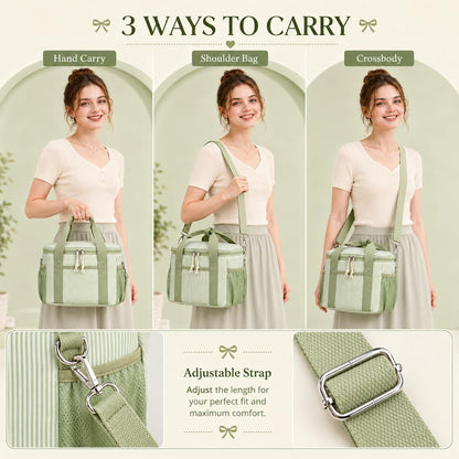 Insulated Lunch Box for Women, Cute Corduroy Lunch Bag with Shoulder Strap, Leakproof Wide-Open Lunch Tote for Work, Office, School, Picnic, Green White Stripes6