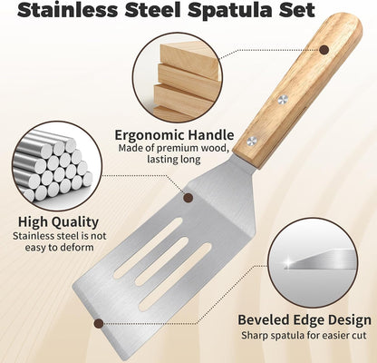 2PCS Stainless Steel Spatula,Wooden Handle Metal Spatula for Steak,Burgers3