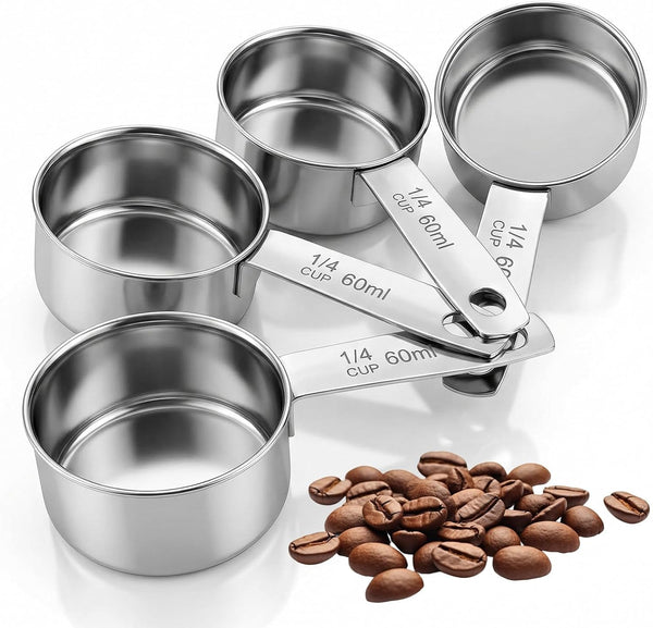 4 Pcs 1/4 Cup Measuring Cup, 60 Ml Stainless Steel 1/4 Cup Scoop,1/4 Measuring Cup,Quarter Cup Scoop,1/4 Cup for Coffee, Cooking, Baking, Kitchen Wet and Dry Ingredients, Dishwasher Safe1