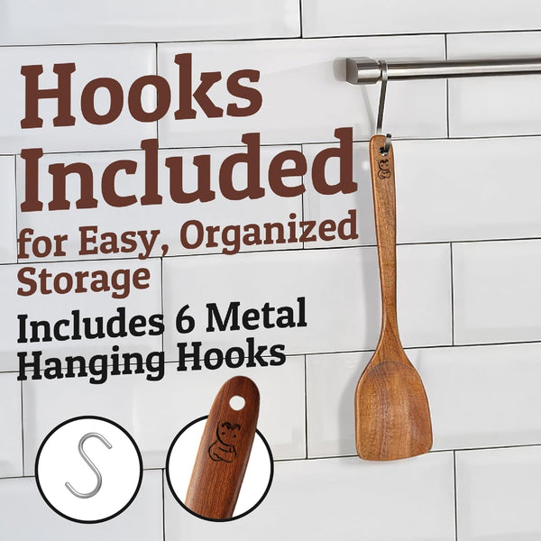Prioritychef Wooden Spoons for Cooking, Premium 6Pc Teak Wood Utensil Set with Hanging Hooks6