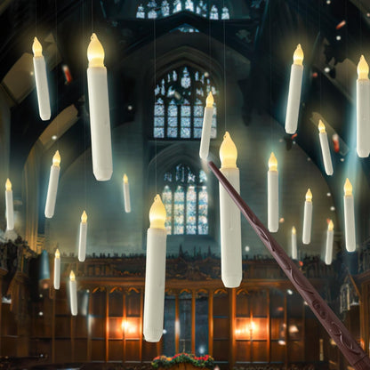 Hanging Floating Candles with Wand Remote and String, Flying Flameless LED Taper Candles Warm White Light, Battery Operated Window Candles with Wand for Halloween Christmas Party, 12 Pcs1