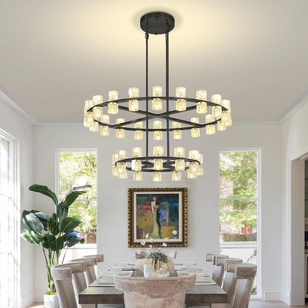 D32''+D40'' Large Black Wagon Wheel Chandelier 72-Lights Black round Chandeliers Glass Chandeliers for Dining Room,Living Room Vintage Chandelier1