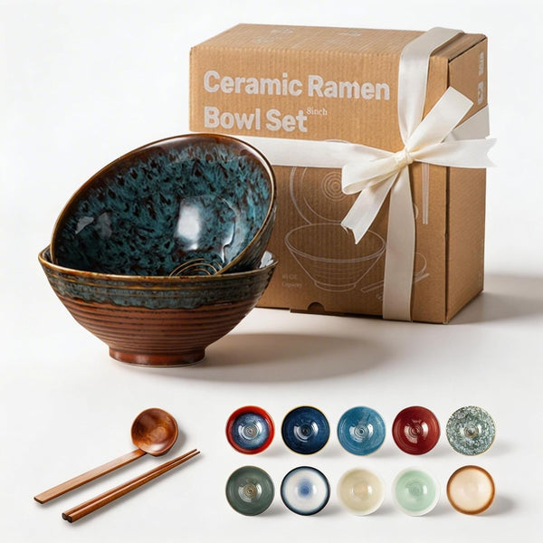 8 Inch Ceramic Ramen Bowl Set of 2, 40Oz Japanese Bowls with Spoons & Chopsticks,Durable,Microwave & Dishwasher Safe,Perfect for Ramen,Pho,Salad,Soup,Noodles，Mixing Bowls（Verdigris Green）8