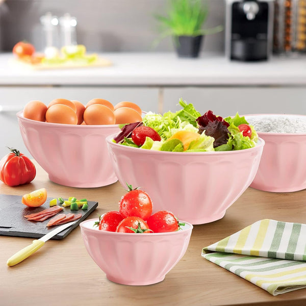 Mixing Bowls with Lids Set,4 Piece Large Plastic Nesting Bowls,Includes 4 Microwave Safe Mixing Bowl and an Egg Whisk for Kitchen Prepping,Baking,Cooking Food, Pink3