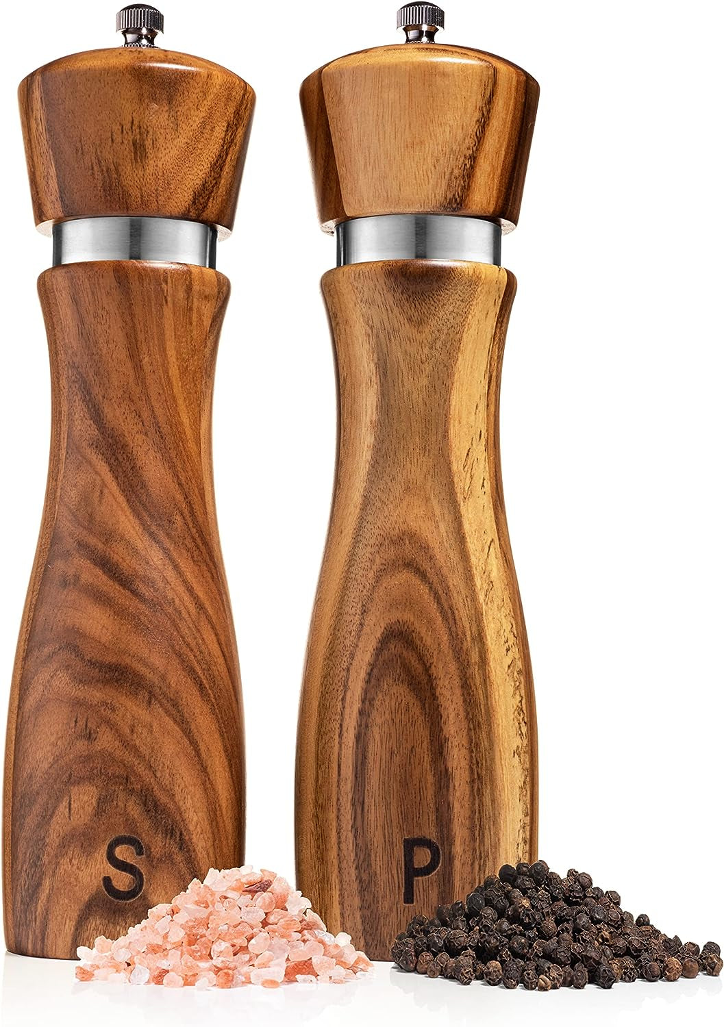 wooden-salt-and-pepper-grinder-set-refillable-salt-pepper-mills-adjust-for-customized-coarseness-crafted-of-solid-acacia-wood-with-ceramic-stainless-steel-core-8-inches-each