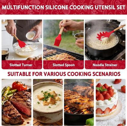 Silicone Kitchen Utensil Set, 12-Piece Cooking Spatula Set with Natural Beech Wood Handles, Non-Stick, Heat Resistant (Red)5