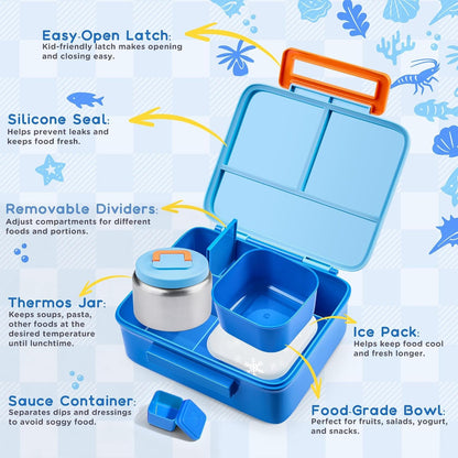 Bento Lunch Box for Kids with 8Oz Soup Thermo Leak-Proof Lunch Food Containers with Snack Sauce Container for Kid Girls Boys to School,Blue Bag3