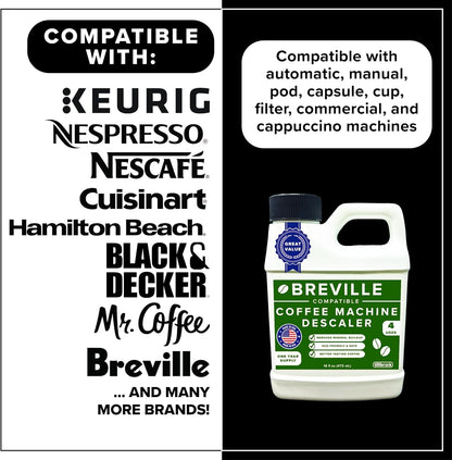 Breville Espresso Machine Compatible Descaler, 4 Uses, 1 Year Supply, 16 Oz | Concentrated Coffee Maker Cleaner for Breville, Keurig, Nespresso, Delonghi, & Espresso Machines, Made in USA3