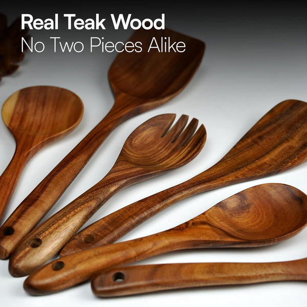 Premium Teak Wooden Utensil Set, 7-Piece Handcrafted Cooking Spoons & Spatulas – Nonstick Safe, Durable, Heat-Resistant Wooden Utensils for Everyday Cooking2