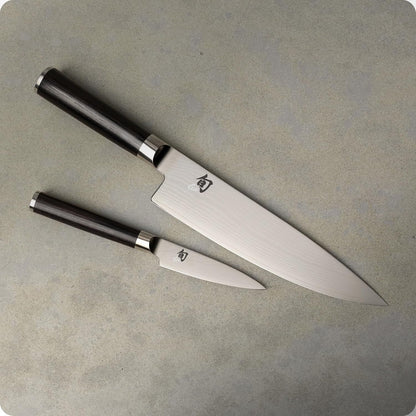 Shun Classic 2 Piece Starter Set | Includes 8" Chef and 3.5" Paring Knives, Handcrafted, VG-MAX Core, Damascus Stainless Steel Cladding, Pakkawood Handle3