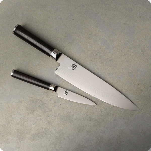 Shun Classic 2 Piece Starter Set | Includes 8" Chef and 3.5" Paring Knives, Handcrafted, VG-MAX Core, Damascus Stainless Steel Cladding, Pakkawood Handle3