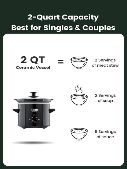 Small Slow Cooker, 2-Quart, Free Liners Included for Easy Clean-Up, Upgraded Ceramic Pot, Adjustable Temp, Nutrient Loss Reduction, Stainless Steel, Black, Round…3