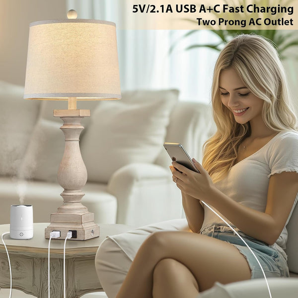 28" Tall Farmhouse Table Lamps Set of 2 with USB C+A Ports and AC Outlet, 3 Way Touch Control Rustic Bedside Lamp for Bedroom, Beige Vintage Nightstand Lamp for Living Room Office2