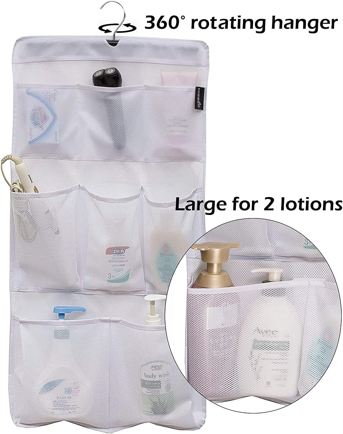 8-pockets-mesh-shower-organizer-hanging-caddy-with-rotating-hanger-quick-dry-bathroom-storage-white