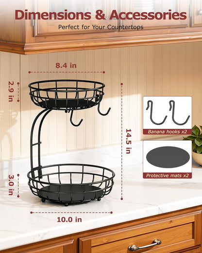 2 Tier Modern Fruit Basket for Kitchen Counter with 2 Banana Hook | Space-Saving Vertical Storage for Veggies, Bread, Snacks, Fits under Cabinets, Includes Protective Mats to Prevent Bruising9