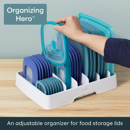 Storalid Food Container Lid Organizer for Kitchen Cabinet Storage with 5 Adjustable Dividers, 10.5''D × 13.4''W × 3.3''H, Large Classic Edition, White2