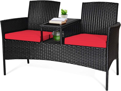 Wicker Patio Conversation Furniture Set, Outdoor Furniture Set with Removable Cushions & Table, Tempered Glass Top, Modern Rattan Bench for Garden Lawn Backyard1