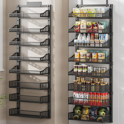 8-Tier over the Door Pantry Organizer, Large Metal Door Spice Rack with Adjustable Basket, 2 in 1 Wall Mount or Hanging Heavy-Duty Pantry Door Storage Shelf for Kitchen and Bathroom, Black1