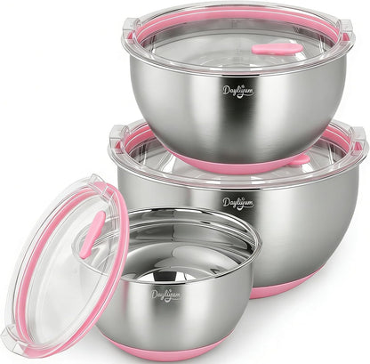 Mixing Bowls with Clear Airtight Lids, 3-Piece Stainless Steel Set, Pink1