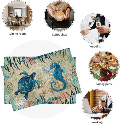 Nautical Placemats Set of 4, Ocean Coast Beach Theme Washable Non-Slip Heat Resistant Place Mats, Sea Turtle Seahorse Summer Linen Decoration Dinner Mat for Kitchen Dinner Party Decor5