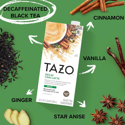 TAZO Decaf Chai Latte, Black Tea Concentrate, Easy-To-Serve Chai Tea for Everyday Lattes, Hot or Iced Tea and Mocktails, 32 Oz Tea Mix Carton | Decaffeinated Black Tea with Cinnamon, Cardamom, Ginger and Black Pepper Spices for Hot or Iced Chai Tea Lattes4