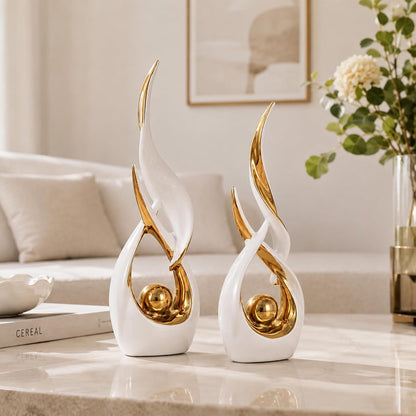 2 PCS White Gold Ceramic Statues for Home Decor Accents, Modern Abstract Art Sculptures, Elegant Tabletop Decorative Objects for Dining Room, Entryway, Tv Stand, Mantel, Coffee Table Centerpieces4
