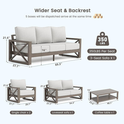 Aluminum Outdoor Patio Furniture Set Faux Wood Grain 5 Pcs Beige9