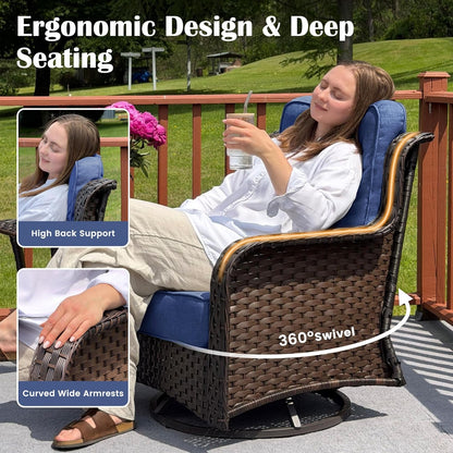 5 Piece Wicker Patio Furniture Set, High Back Outdoor Couch with Swivel Chairs & Coffee Table, 6" Thick Cushion Patio Conversation Sets with Deep Seating for Yard, Deck (Blue)5