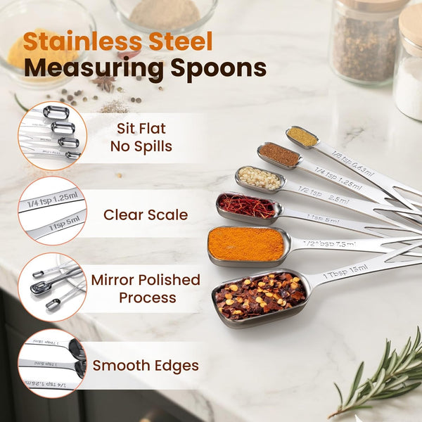 6PCS Narrow Measuring Spoons Set, Stainless Steel Measuring Spoon Fits in Spice Jars, Metal Teaspoon Measuring Spoons, Rectangular Tablespoon, Long Measuring Spoons for Dry & Liquid Ingredients6