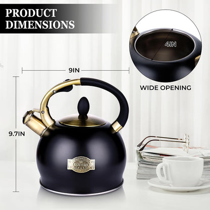 Whistling Tea Kettle, 2.7QT Food-Grade Steel Teapot, BLACK | Tea Pot for Stove with Ergonomic Handle, with 1 Silicone Pinch Mitt, for Induction, Gas, Electric, Radiant Cooktops6