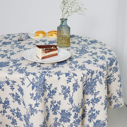 Cotton Linen round Tablecloth, Blue Floral Table Cloth round 48"1