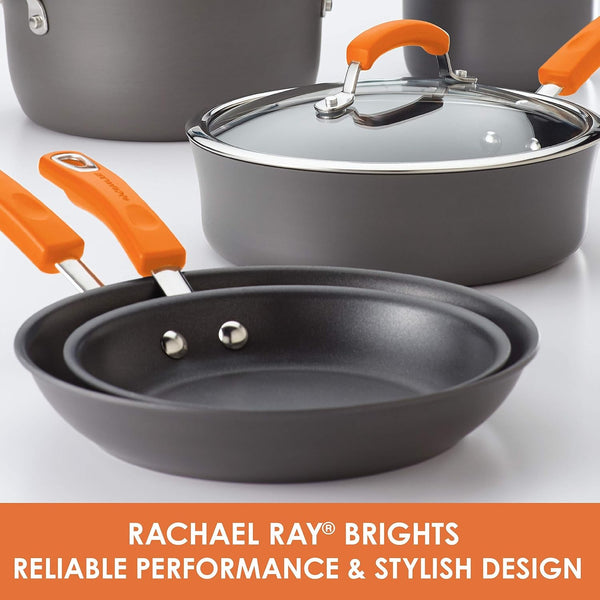 Brights Hard-Anodized Aluminum Nonstick Cookware Set with Glass Lids, 10-Piece Pot and Pan Set, Gray with Orange Handles3