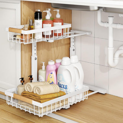 under Sink Organizer, Adjustable Height, 2 Tier Pull Out under Cabinet Organizer, Slide Out Thickened Metal under Sink Storage for Kitchen Bathroom Laundry Pantry Cabinet, White, Large-2-Pack9