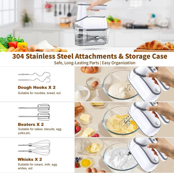 Cordless Electric Hand Mixer, 12-Speed with Storage Case, White | Rechargeable, Eject Button, LED, Self-Stand, 6×304 Stainless Attachment, Overheat Protection, Quiet for Baking Dough Cake Egg4