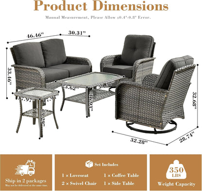 5 Pieces Patio Furniture Set, All Weather Rattan Patio Conversation Sets with Swivel Rocking Chairs, Coffee Table, High Back Outdoor Furniture Loveseat for Porch, Backyard, Black2