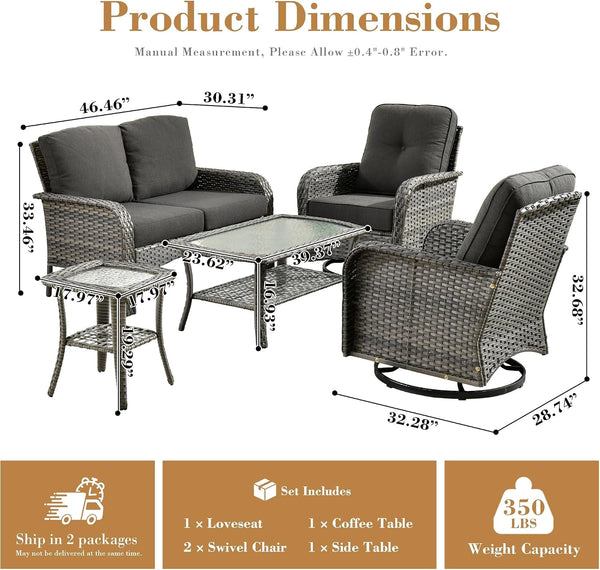 5 Pieces Patio Furniture Set, All Weather Rattan Patio Conversation Sets with Swivel Rocking Chairs, Coffee Table, High Back Outdoor Furniture Loveseat for Porch, Backyard, Black2
