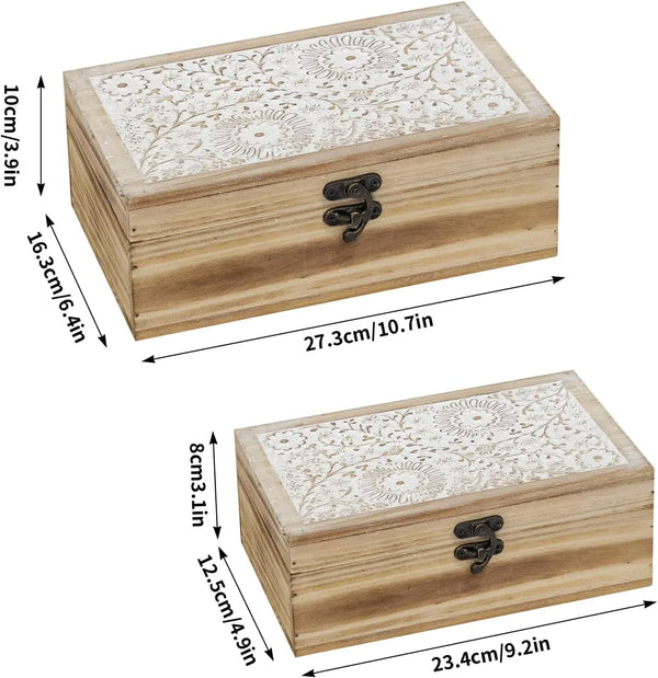 Rustic Farmhouse Wood Decorative Boxes, Set of 2 Keepsake Box Wooden Box with Hinged Lid and Floral Carved Design, Decorative Boxes for Home Decor (Brown)2