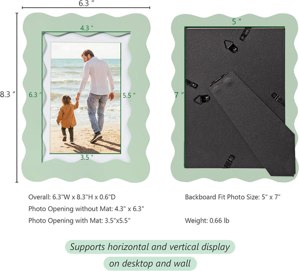 5X7 Cute Picture Frame, Wavy Curved Photo Frame with 4X6 Mat and Real Glass, Unique Funky Frame for Table and Wall Display, Home Office Desk Decoration Art, Gift (5X7, Sage Green)2
