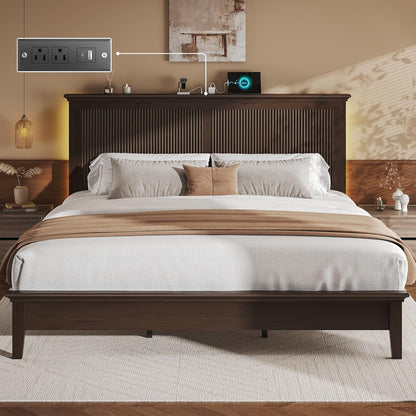 King Bed Frame with Headboard, Solid Wood Bed Frame King Size with Charging Station & RGB LED, Wood Slats Support, Noise-Free, Sturdy Structure, Easy Assembly, Walnut6