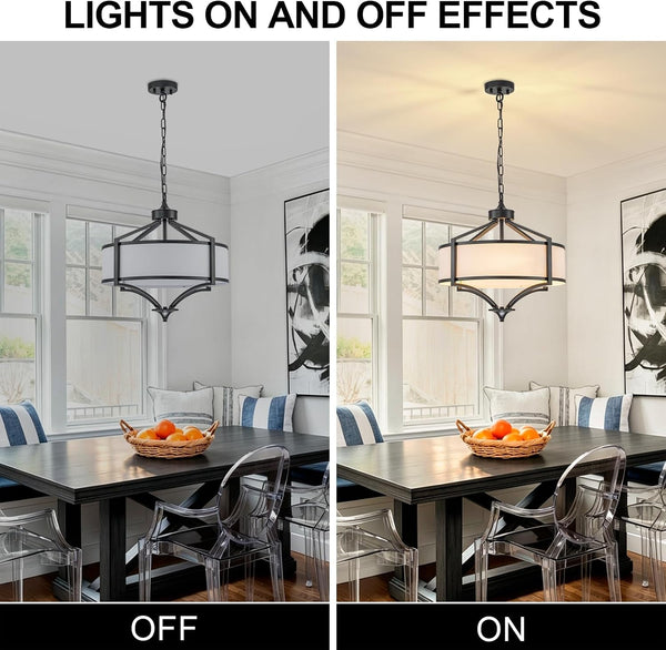 20" Farmhouse Modern Chandeliers for Dining Room Black Drum Chandelier Kitchen Island Light Fixtures, Large Pendant Light with Fabric Shade for Living Room Bedroom8