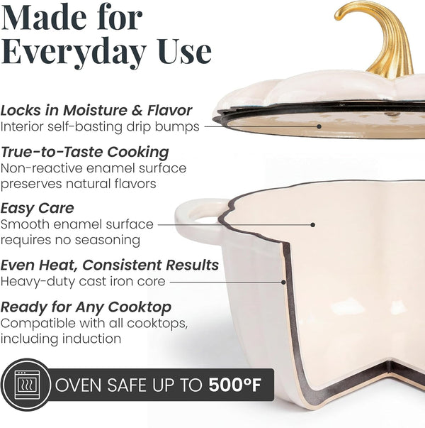 5.5 Qt Pumpkin Enameled Cast Iron Dutch Oven Pot, White | Pumpkin Cocotte for Soups, Stews, Braising & Sourdough Bread Baking. Oven Safe to 500°F. Induction Compatible.7