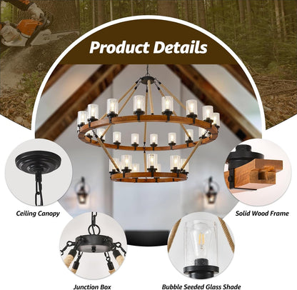 60" 2-Tier Wagon Wheel Chandelier 27-Light Extra Large Wood Chandeliers3