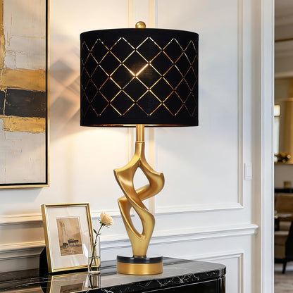 29" Tall Black and Gold Table Lamp for Living Room, 3 Color Temperatures Bedside Lamp for Bedroom Nightstand, Modern Sculptural Resin Lamp with Grid Shade (1 LED Bulb Included)1