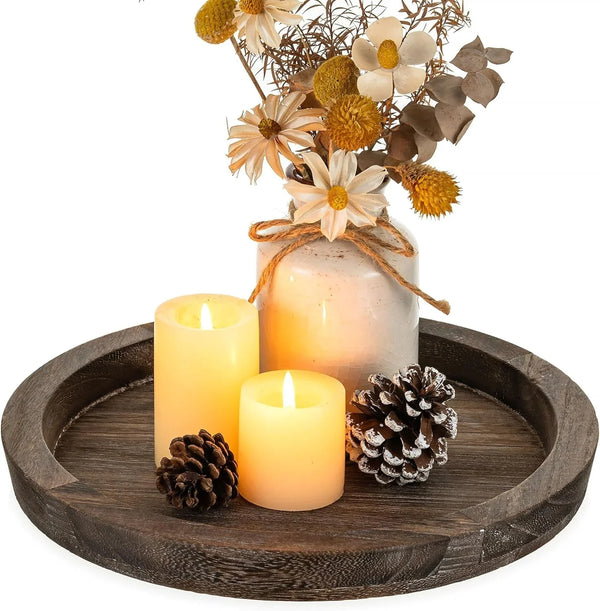Wooden Tray for Coffee Table, Decorative round Candle Holder Plate | 11.2" Vintage Dining Table Centerpiece, Rustic Farmhouse Home Decor Serving Tray, Brown1