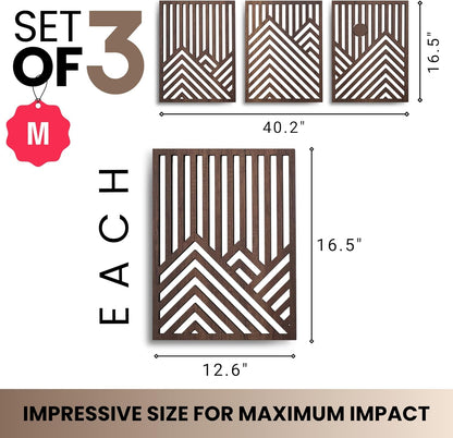 Modern Wooden Wall Sculptures - Set of 3 - Home Decor Accent - Large Wall Art for Living Room, Bedroom, Office - Easy Installation (Walnut, Medium - Mountain and Sun)2