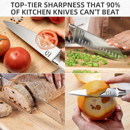 15 Pcs Japanese Knife Set with Sharpener, Premuim, Razor Sharp | Innovative Steel, High Carbon Stainless, Enduring Sharpness, Ergonomic Handle, Quality Acacia Wood Block, Full-Tang, Gift Box4